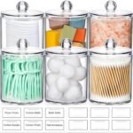 AOZITA 6 Pack Acrylic Qtip Holder Dispenser for Cotton,Swab, Ball, Round Pads, Floss Picks - Clear Plastic Apothecary Jar Set, Bathroom Canister Storage Organization, Vanity Makeup Organizer - Image 2